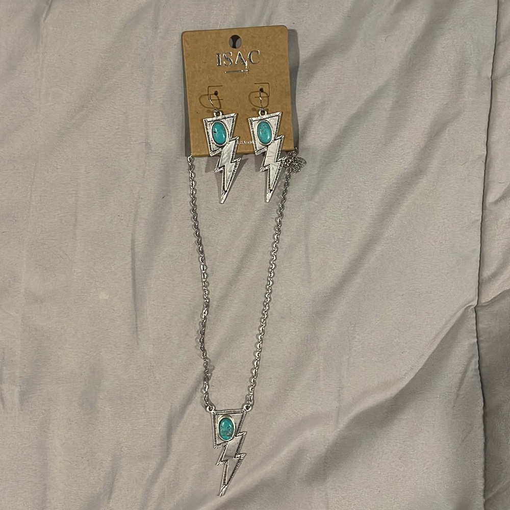 Faux Turquoise lightning bolt necklace & Earrings